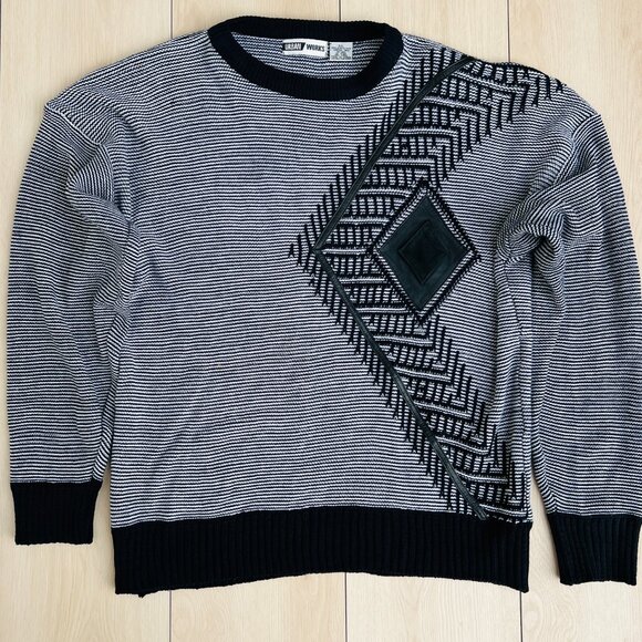 Vintage 90s Urban Works Black White Striped w/ Leather Trim Crewneck Sweater XXL - Picture 14 of 15